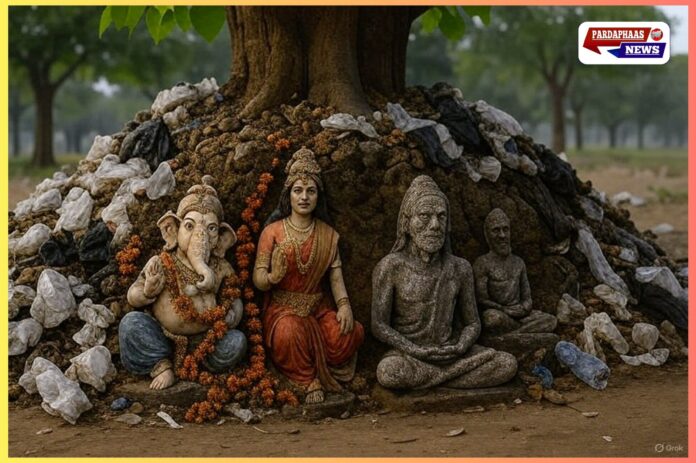 श्रद्धा का अपमान: “पेड़ लगाओ, फिर बनाओ कचरा घर”–पेड़ के नीचे भगवान नहीं रहते, हम लोग कचरा रखते हैं !