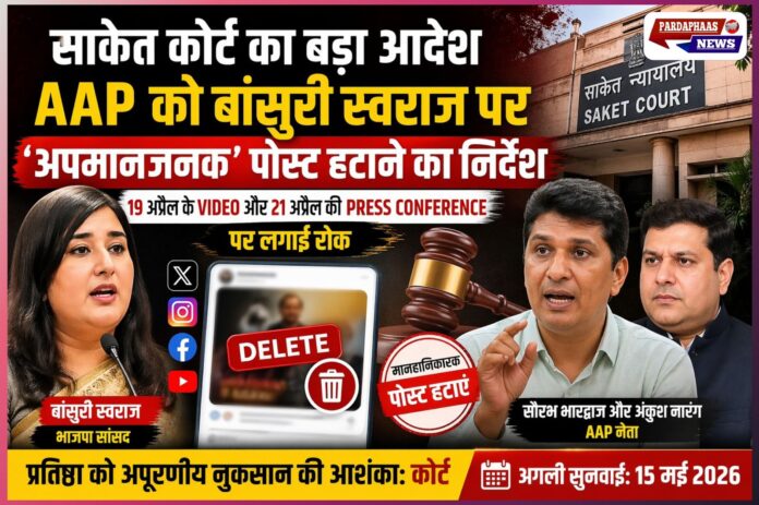 साकेत कोर्ट सख्त: AAP नेताओं को बांसुरी स्वराज पर ‘अपमानजनक’ कंटेंट हटाने का आदेश, सोशल मीडिया पर रोक—15 मई को अगली सुनवाई