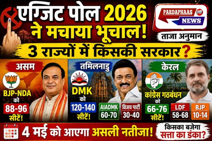 एग्जिट पोल 2026: असम में फिर बीजेपी की आंधी, तमिलनाडु में DMK आगे, केरल में कांग्रेस गठबंधन की वापसी के संकेत
