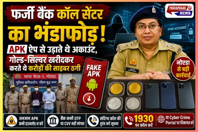 “फर्जी बैंक कॉल सेंटर का भंडाफोड़!” — नोएडा में APK ऐप से उड़ाते थे अकाउंट, गोल्ड-सिल्वर खरीदकर करते थे करोड़ों की साइबर ठगी