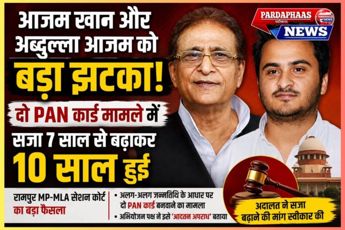 “आजम खान-अब्दुल्ला आजम को बड़ा कानूनी झटका” — दो PAN कार्ड मामले में सजा 7 साल से बढ़कर 10 साल, कोर्ट ने ‘आदतन अपराध’ तर्क को माना अहम आधार