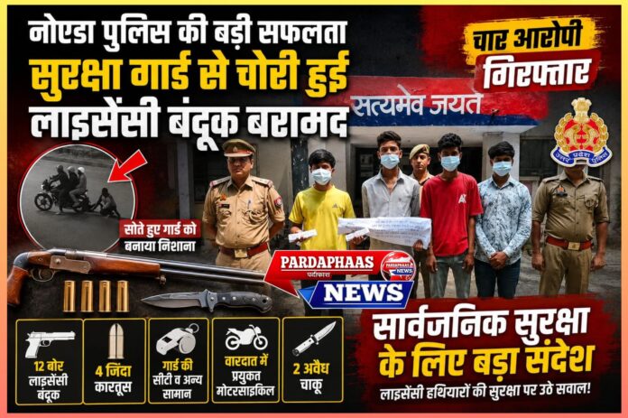 नोएडा पुलिस की बड़ी सफलता: सुरक्षा गार्ड से चोरी हुई लाइसेंसी बंदूक बरामद, चार आरोपी गिरफ्तार