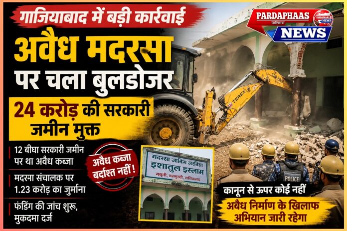 गाजियाबाद में अवैध मदरसे पर बुलडोजर: 24 करोड़ की सरकारी जमीन मुक्त, फंडिंग और कब्जे की जांच शुरू