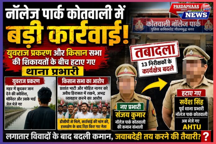 नॉलेज पार्क कोतवाली पर लगातार विवादों के बाद बड़ी कार्रवाई? युवराज प्रकरण और किसान सभा की शिकायतों के बीच हटाए गए थाना प्रभारी**
