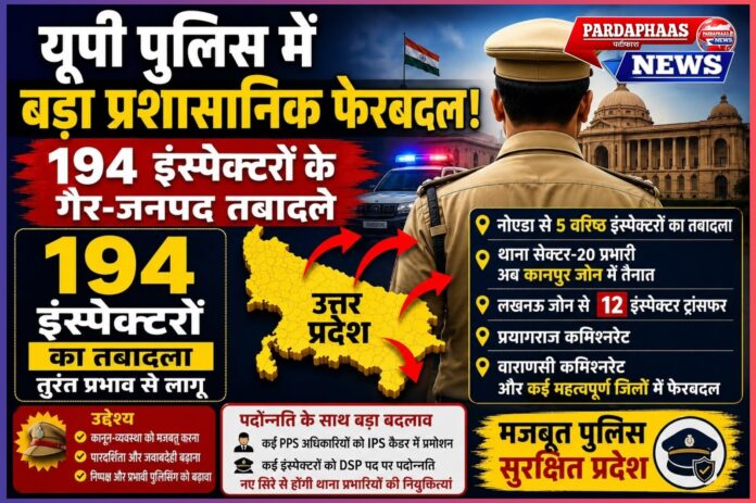  उत्तर प्रदेश पुलिस में बड़ा प्रशासनिक फेरबदल: 194 इंस्पेक्टरों के गैर-जनपद तबादले, कानून-व्यवस्था को नई दिशा देने की तैयारी