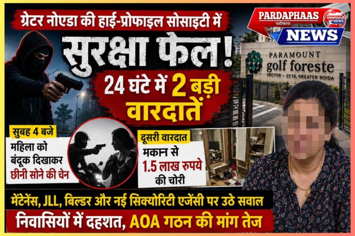 # ग्रेटर नोएडा की हाई-प्रोफाइल सोसाइटी में सुरक्षा फेल: 24 घंटे में दो बड़ी वारदातों से दहशत, बंदूक की नोक पर चेन स्नैचिंग और डेढ़ लाख की चोरी ने खोली व्यवस्था की पोल