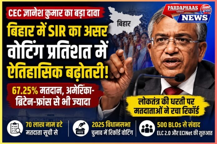 बिहार में SIR के बाद बढ़ा मतदान, CEC ज्ञानेश कुमार बोले—‘लोकतंत्र की धरती पर चुनावी भागीदारी ने रचा नया रिकॉर्ड’