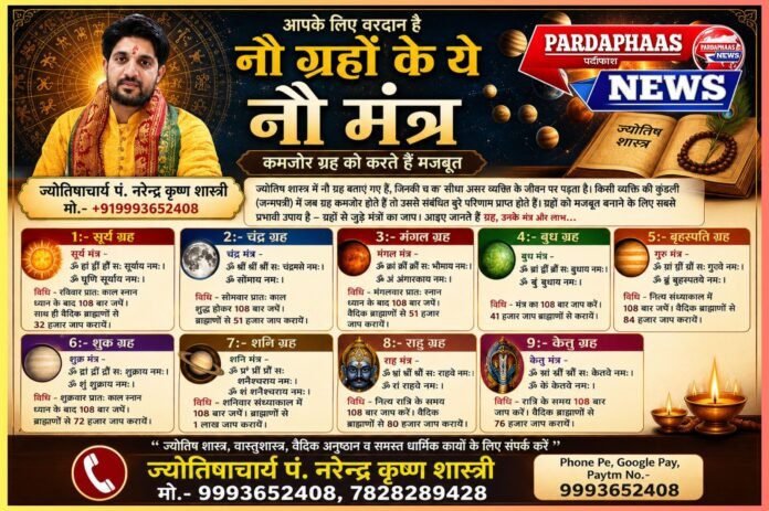 नौ ग्रहों के नौ मंत्र: कमजोर ग्रह को मजबूत करने का ज्योतिषीय उपाय, जानिए किस ग्रह के लिए कौन-सा मंत्र और क्या है इसका महत्व: ज्योतिषाचार्य पं. नरेन्द्र कृष्ण शास्त्री
