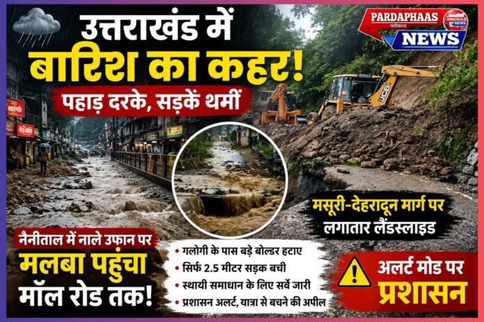 उत्तराखंड में बारिश का कहर: पहाड़ दरके, सड़कें थमीं, नैनीताल के नाले उफने—मसूरी से मॉल रोड तक मलबे का सैलाब