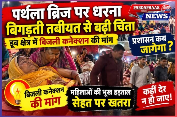 भूख हड़ताल पर बैठी महिलाओं की बिगड़ती तबीयत ने बढ़ाई चिंता, डूब क्षेत्र में बिजली कनेक्शन की मांग को लेकर पर्थला ब्रिज पर धरना जारी