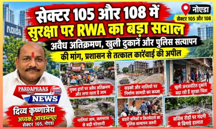 सेक्टर 105 और 108 में सुरक्षा व्यवस्था पर RWA का बड़ा सवाल: अवैध अतिक्रमण, खुली दुकानें और पुलिस सत्यापन की मांग, प्रशासन से तत्काल कार्रवाई की अपील