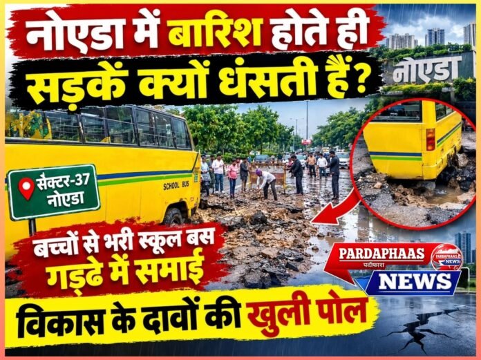 नोएडा में बारिश होते ही सड़कें क्यों धंसती हैं? सेक्टर-37 में बच्चों से भरी स्कूल बस गड्ढे में समाई, विकास के दावों की खुली पोल