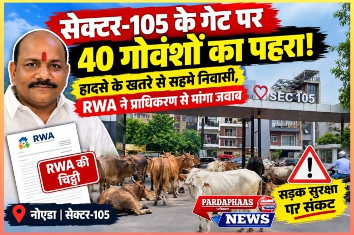सेक्टर-105 के गेट पर 40 गोवंशों का पहरा! हादसे के खतरे से सहमे निवासी, RWA ने प्राधिकरण से मांगा जवाब