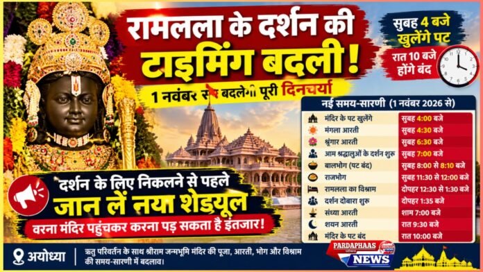 रामलला के दर्शन की टाइमिंग बदली: 1 नवंबर से बदलेगी पूरी दिनचर्या, सुबह 4 बजे खुलेंगे पट; रात 10 बजे होंगे बंद